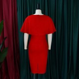 Women Summer Red Formal V-neck Cape Sleeve Solid Midi Sheath Office Dress