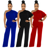 Women's Solid One Shoulder Casual Low Back Short Sleeve Jumpsuit