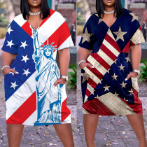 Kurzärmliges Damen-Freizeitkleid mit V-Ausschnitt und amerikanischer Flagge