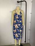 Women Summer Blue Sweet Strap Sleeveless Floral Print Slit Midi Asymmetrical Holiday Dress