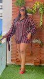 African Women Striped Print Shirt Shorts Casual Fashion Two Piece Women