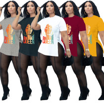 Conjunto de t-shirt feminina com estampa de rainha, calça de malha sexy, conjunto de duas peças