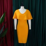 Women Summer Orange Formal V-neck Cape Sleeve Solid Midi Sheath Office Dress