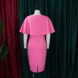 Women Summer Pink Formal V-neck Cape Sleeve Solid Midi Sheath Office Dress