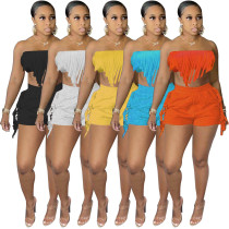 Conjunto de pantalones cortos de dos piezas con flecos sin tirantes sexy de color sólido de verano para mujer