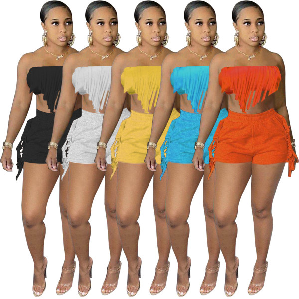 Women's Summer Solid Color Sexy Srapless Fringe Two-piece Shorts Set