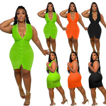 Sexy, festes, ärmelloses, gerafftes, schmales Kleid mit V-Ausschnitt für Damen in Übergröße