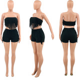 Women's Summer Solid Color Sexy Srapless Fringe Two-piece Shorts Set