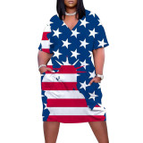 Women's Short Sleeve V-Neck American Flag Print Casual Dress