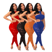 Women's Sexy Cutout Patchwork Solid Tight Fitting Nightclub Jumpsuit