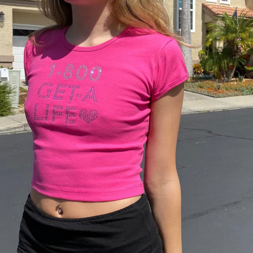 Sommer Damen Street Hipster Rundhals Pullover Kurzarm T-Shirt Buchstaben Perlen Basics Slim Fit Top