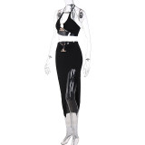 Mujeres sexy HalterNeck top corto hueco + vestido midi con abertura de color sólido conjunto de dos piezas