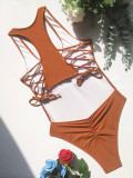 Women solid color lace up swimwear