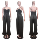 Fashion Sexy Solid Color Sling Wide Leg Jumpsuit With Belt