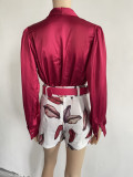 Women Summer Red Modest V-neck Full Sleeves High Waist Floral Print Belted Regular Two Piece Shorts Set