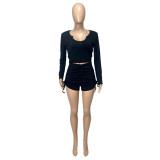 Women Spring Casual U Neck Long Sleeve Top+Pleated Shorts Two Piece
