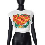 Women Summer Print RoundNeck Graffiti Heart Print Sleeveless Slim T-Shirt