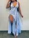 Women Blue Striped Sleeveless Slit Dress
