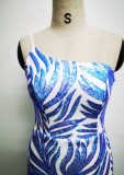Summer Elegant Blue One Shoulder Sleeveless Sequins  Mermaid Evening Dress