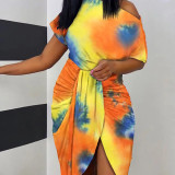 Summer Women Sexy Printed Short Sleeve SlashShoulder Irregular Dress