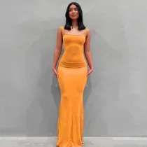 Women'S Solid Color Casual Slim Strap Long Home Dress