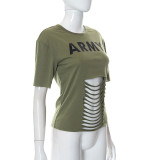 Women'S Summer Print Round Neck Short Sleeve Cutout Casual T-Shirt Top
