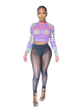 Summer Fashion Women'S Digital Print Long Sleeve Mesh Patchwork Sexy See-Through Tight Fitting Pants Women Two Piece Set