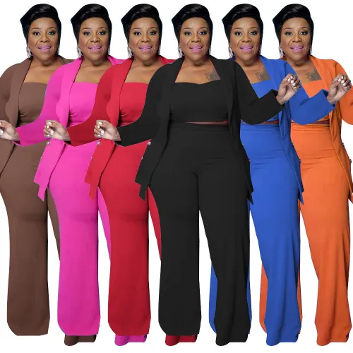 Spring/Summer Plus Size Women'S Solid Button Strap Three-Piece Shorts Set
