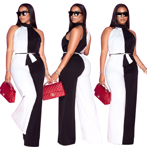 Women'S Black And White Contrast Color Sleeveless Chic Elegant Jumpsuit