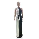 Women'S Black And White Contrast Color Sleeveless Chic Elegant Jumpsuit
