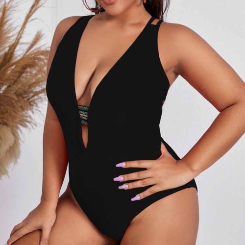 Bikini Solid Color Cover Belly Sexy V-Neck Plus Size Women Maillot de bain