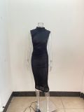 Women'S Spring Shoulder Pads Half Turtleneck Pleated Slim Waist Sleeveless Long Dress