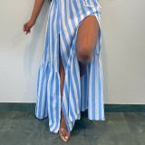 Women Blue Striped Sleeveless Slit Dress