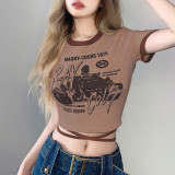 Summer Sexy Slim Fashion Print Round Neck Lace-Up Corset Crop T-Shirt Women