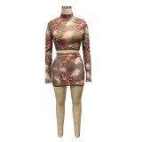 Women's Suit Print See-Through Mesh Two-Piece Club Dress