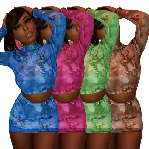 Women's Suit Print See-Through Mesh Two-Piece Club Dress