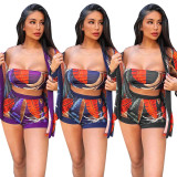 Women's Fashion Casual Sexy Print Three-Piece Shorts Set