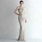 Positioning flower sequins evening dress craft beading Halter Neck style Chic glamorous lady Formal Party long gown