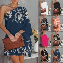 Spring Summer Positioning Print Ombre One Shoulder Casual Dress
