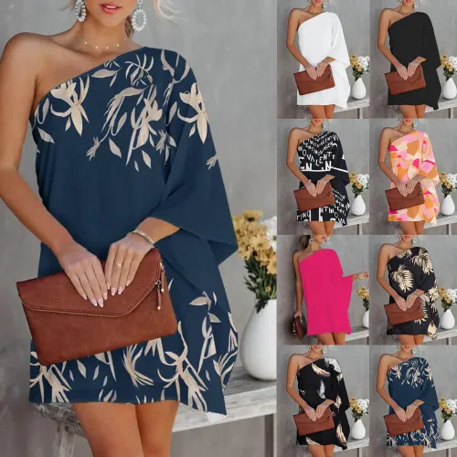 Spring Summer Positioning Print Ombre One Shoulder Casual Dress