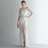 Satin Slim One Shoulder Long Celebrity Dinner Slim Fit Fishtail Dress Wedding Car Model Exhibition Dress