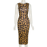 Fall Women's Fashion Round Neck Sexy Low Back Slim Leopard Dress Women