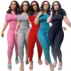 Plus Size Sports Two Piece Ribbed High Stretch Solid Color Suit Women