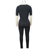 Plus Size Sports Two Piece Ribbed High Stretch Solid Color Suit Women
