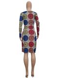 Ethnic Women Color Circle Print Sexy Tight Fitting Maxi Comfort Dress