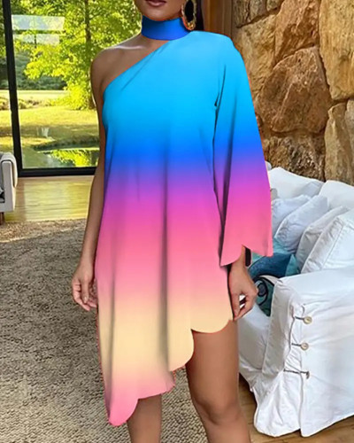 Fashion Slash Shoulder Single Sleeve Print Kleid