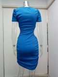 Women's Blue Dress Short Sleeve Bodycon Tight Fitting Short Skirt