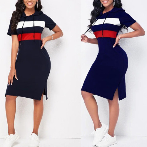 Women's Colorblock Striped Casual Sports Hooded T-Shirt Midi Dress