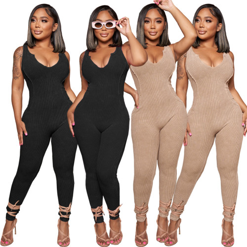 Women's Solid Ribbed Slim Jumpsuit Summer