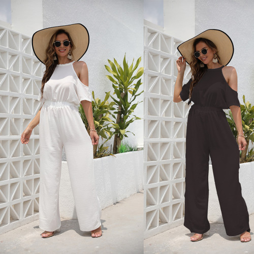 Summer straight tube loose street hipster elastic waistband trousers high waist white strapless Jumpsuit